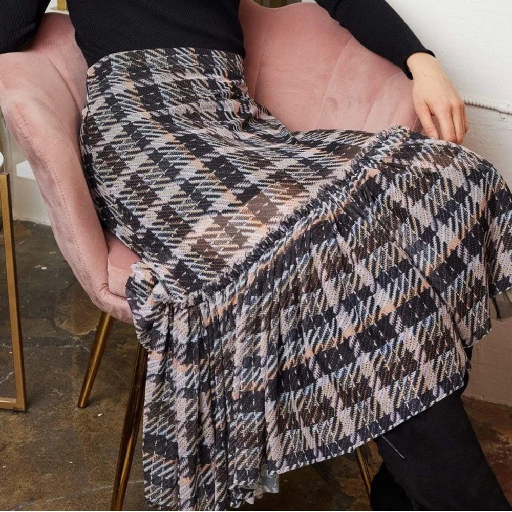 Anthropologie Black, White & Tan Plaid Maxi Skirt